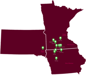 Map of Iowa, Minnesota and South Dakota with 11 branch locations starred
